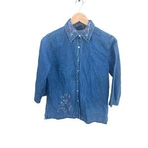 Erika Shirt Women's Short Sleeve Button Up Embroidered Floral Denim SMALL